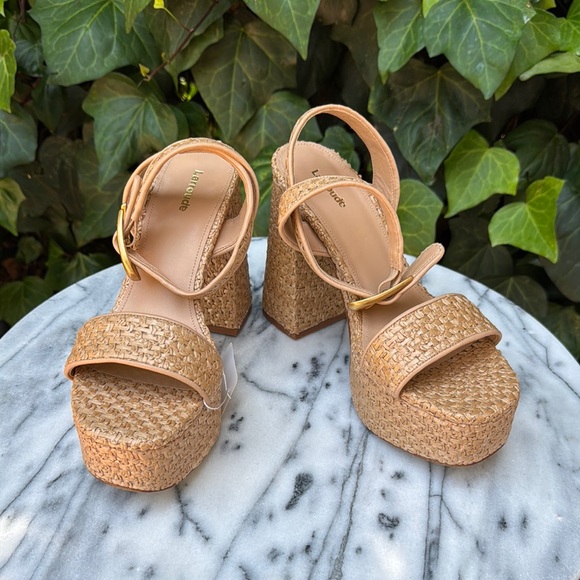 Larroude Shoes - Larroude Sz. 9 Beige Woven Platform Sandal Heels w/ Ankle Wrap Buckle